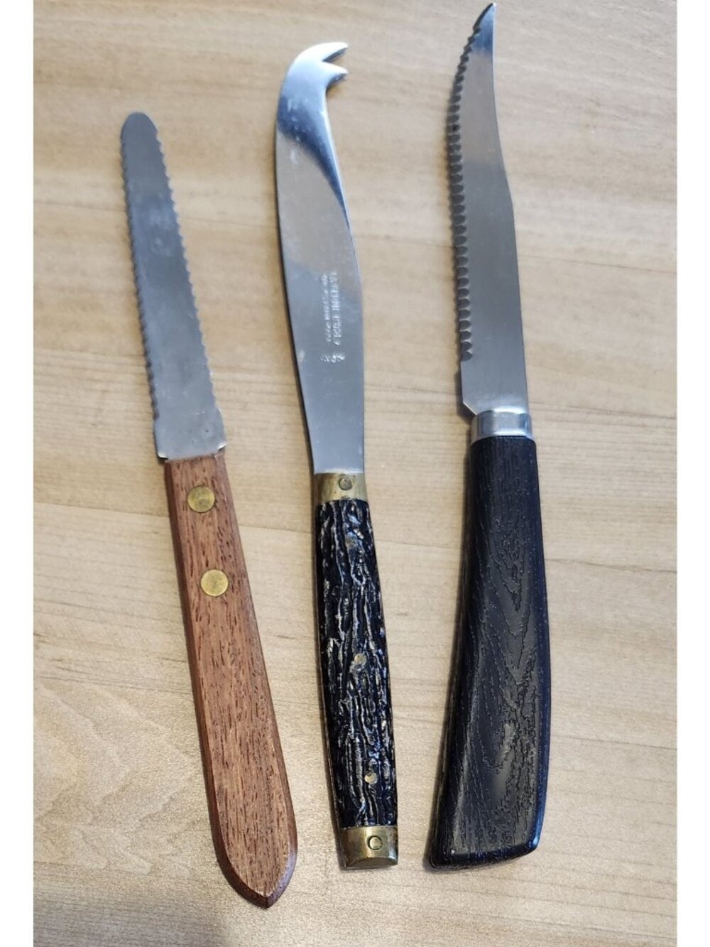 Lot of 3 Vintage Serrated Knives Quikut, Wood Handle, Antler Cheese Knife